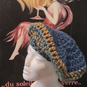 Handcrafted Blue and Gold Crochet Beret